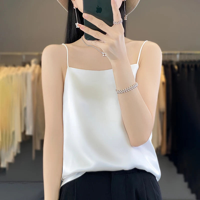 New Ice Silk Sexy Satin Strap Women's Spring/Summer Vest Solid Color Sleeveless Sexy Comfortable Silk Underwear Vest RW-D19