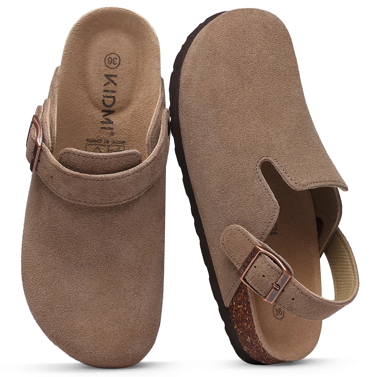 Shevalues Women Cow Suede Clogs With Adjustable Buckle Cork Leather Mules Comfortable Slip on Women Slippers Outdoor Cork Clogs