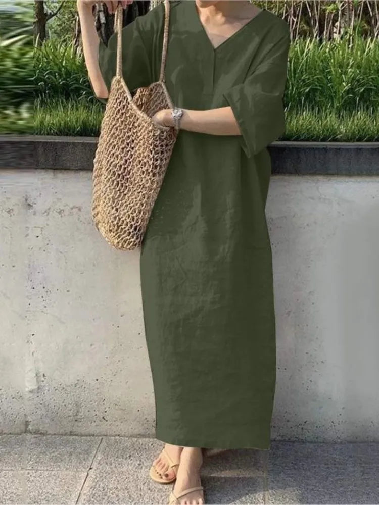 Casual Solid Color Cotton Linen Long Dresses Women Loose Short Sleeves V-neck Vintage Simple Style Lady Maxi Dress Summer New