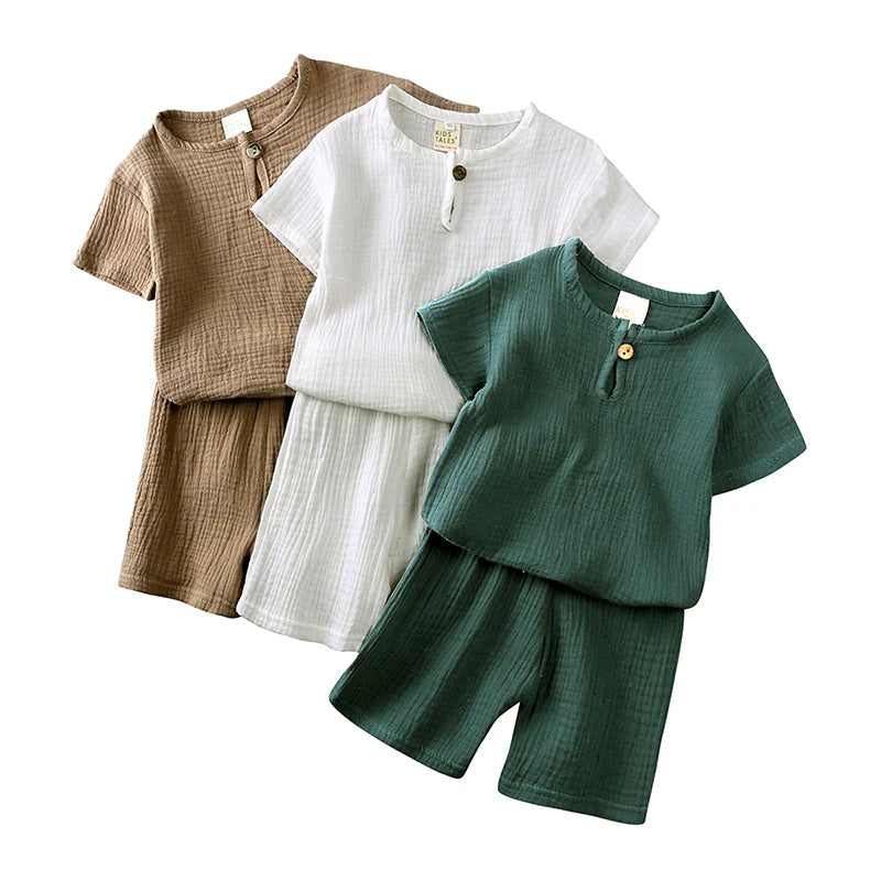 2026 Toddler Summer Boy Girl Outfits Cotton Linen Solid T-shirt Shorts Clothes For Children Korean Casual Breathable Clothes Set