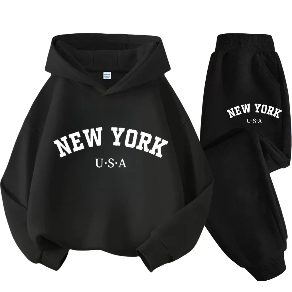 Children Hoodie Set Autumn Winter New York USA Letter Graphic Sweatshirt Pant Suit Baby Boy Girl Kid Sport Two Pieces Tracksuit