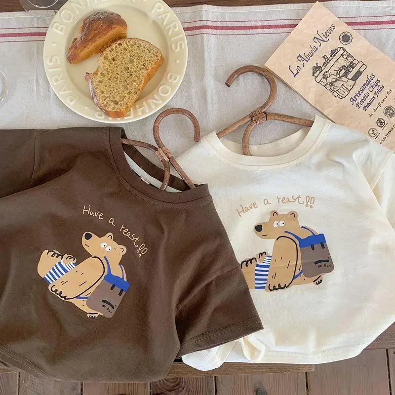 Fashion Casual Kids Short Sleeved Tops Boys T-shirts 2025 New Summer Clothing Loose O-neck Children's T Shirt Printed Bear