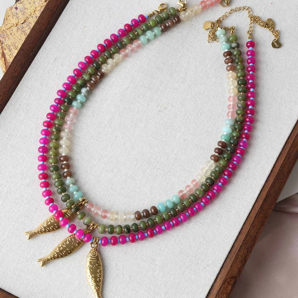 Trendy 4 Designs Stainless Steel Gold Plated Fish Turtle Pendant Stone Necklace for Women Waterproof Beach Party Jewelry Summer