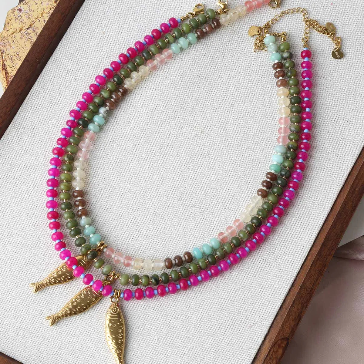 Trendy 4 Designs Stainless Steel Gold Plated Fish Turtle Pendant Stone Necklace for Women Waterproof Beach Party Jewelry Summer