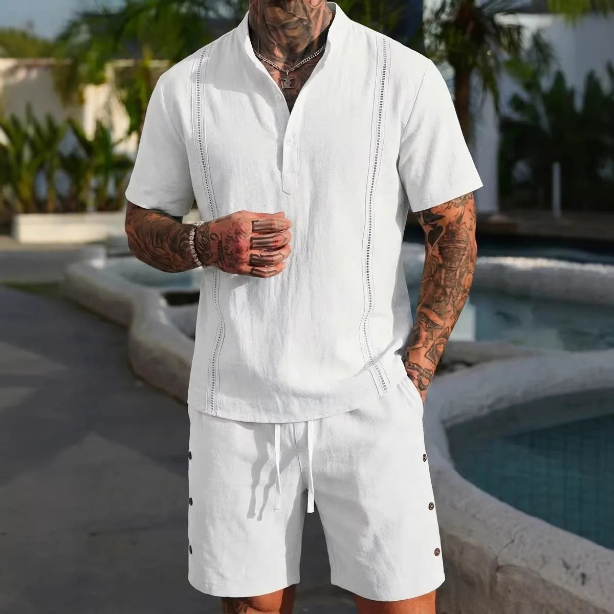 Summer best-selling men's cotton and linen fashionable casual personalized breathable short-sleeved short pants set