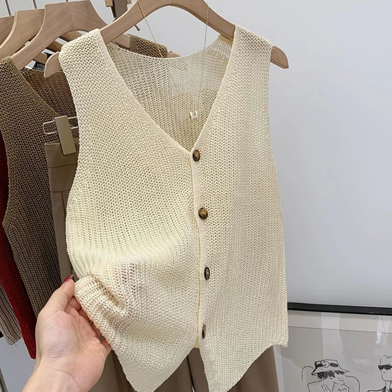Summer Korean Cotton And Linen Fashion Casual Solid Color Loose V-Neck Vest For Women
