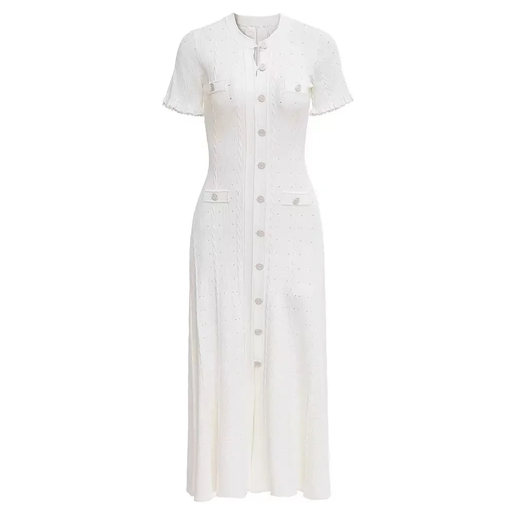 Vintage Cable Knit Midi Dress Button Front Ruffled Short Sleeve Pocket Design Elegant Party Casual Knitted Dress
