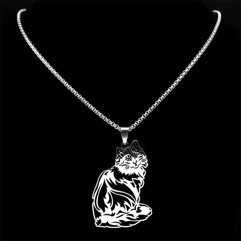 Cute Cat Ragdoll Kitty Pendant Necklace for Women Men Stainless Steel Silver Color Chain Pet Lover Gift Jewelry colar N3213S01