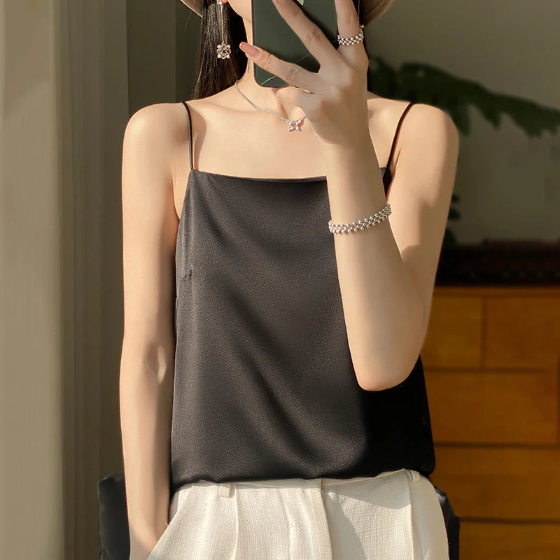 New Ice Silk Sexy Satin Strap Women's Spring/Summer Vest Solid Color Sleeveless Sexy Comfortable Silk Underwear Vest RW-D19