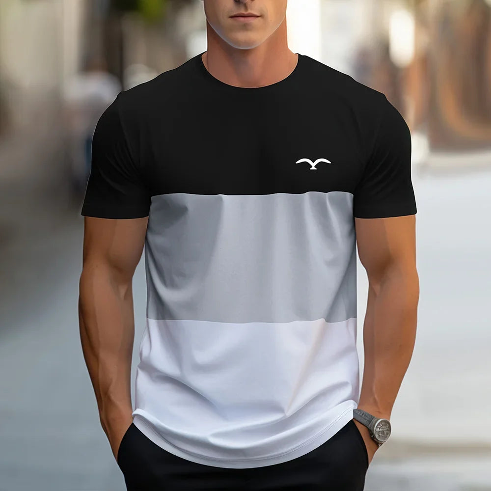 Fashion Splicing Stripes Print T Shirt For Men Casual O-neck Short Sleeve Pullover Summer Breathable Loose Tops Street Trend Tee