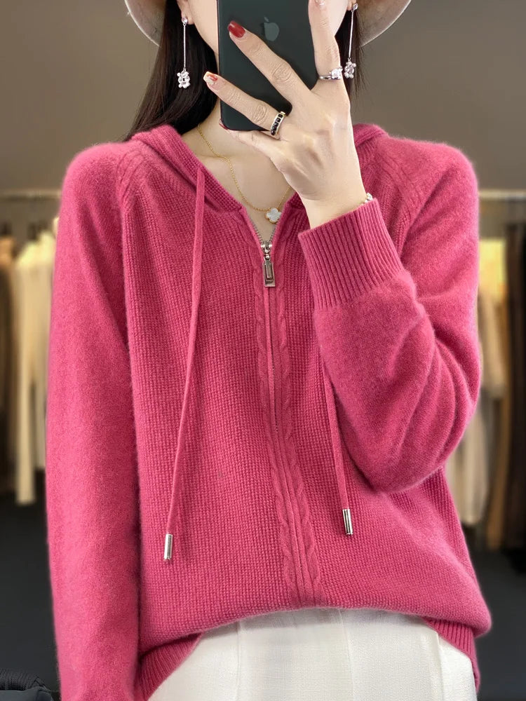 Autumn Winter 100% Merino Wool Sweater Cardigan Women's Hooded Zippers Raglan Sleeve Cashmere Knitwear Casual Chic Clothing Tops