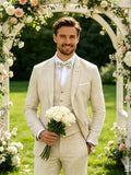 3 Piece Blue/Beige Linen Men's Slim Fit Suits Notch Lapel Blazer Summer Wedding Groom Tuxedos for Prom Party (Jacket+Vest+Pant)
