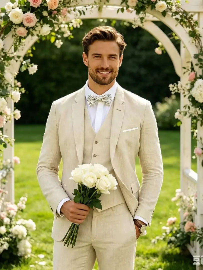 3 Piece Blue/Beige Linen Men's Slim Fit Suits Notch Lapel Blazer Summer Wedding Groom Tuxedos for Prom Party (Jacket+Vest+Pant)