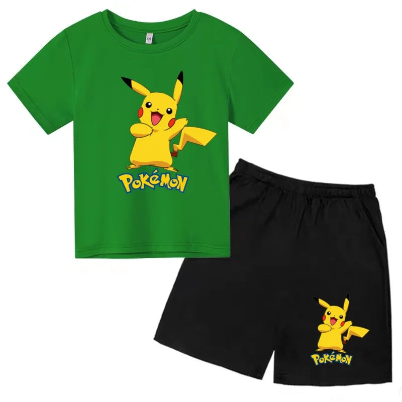 Children's T-shirt Cool Summer Anime Pikachu Print Boys Girls 3-12Years Pokemon Clothing Cartoon Short-sleeved+Shorts Casual Set