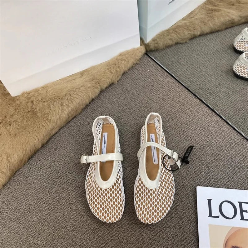 2026 New Hollow Mesh Women's Flat Ballet Shoes - Casual Fashion Versatile Breathable Fishnet Sandals