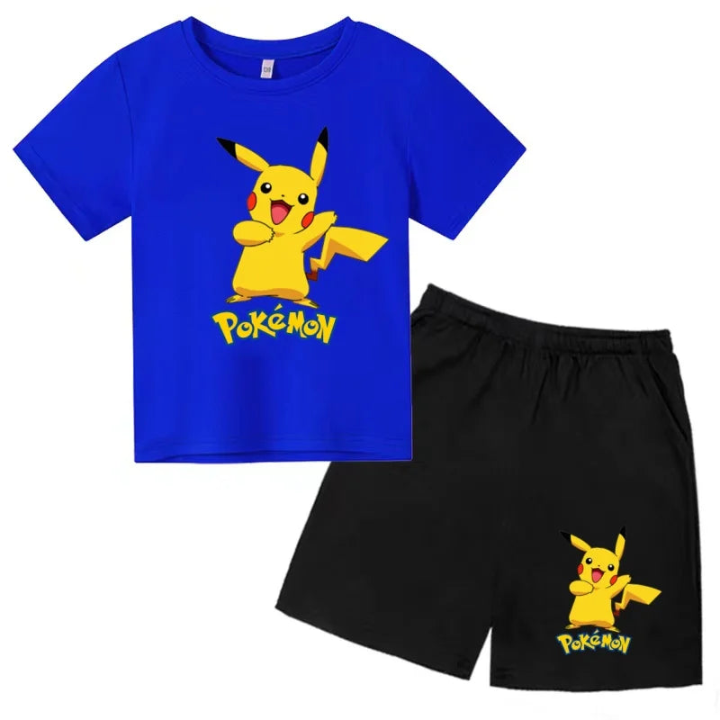Children's T-shirt Cool Summer Anime Pikachu Print Boys Girls 3-12Years Pokemon Clothing Cartoon Short-sleeved+Shorts Casual Set