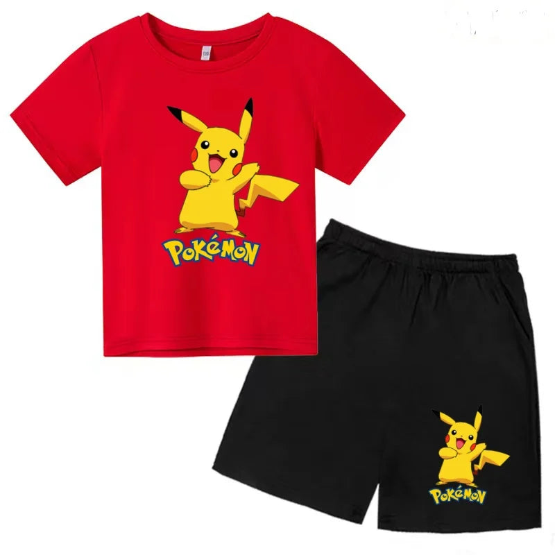 Children's T-shirt Cool Summer Anime Pikachu Print Boys Girls 3-12Years Pokemon Clothing Cartoon Short-sleeved+Shorts Casual Set