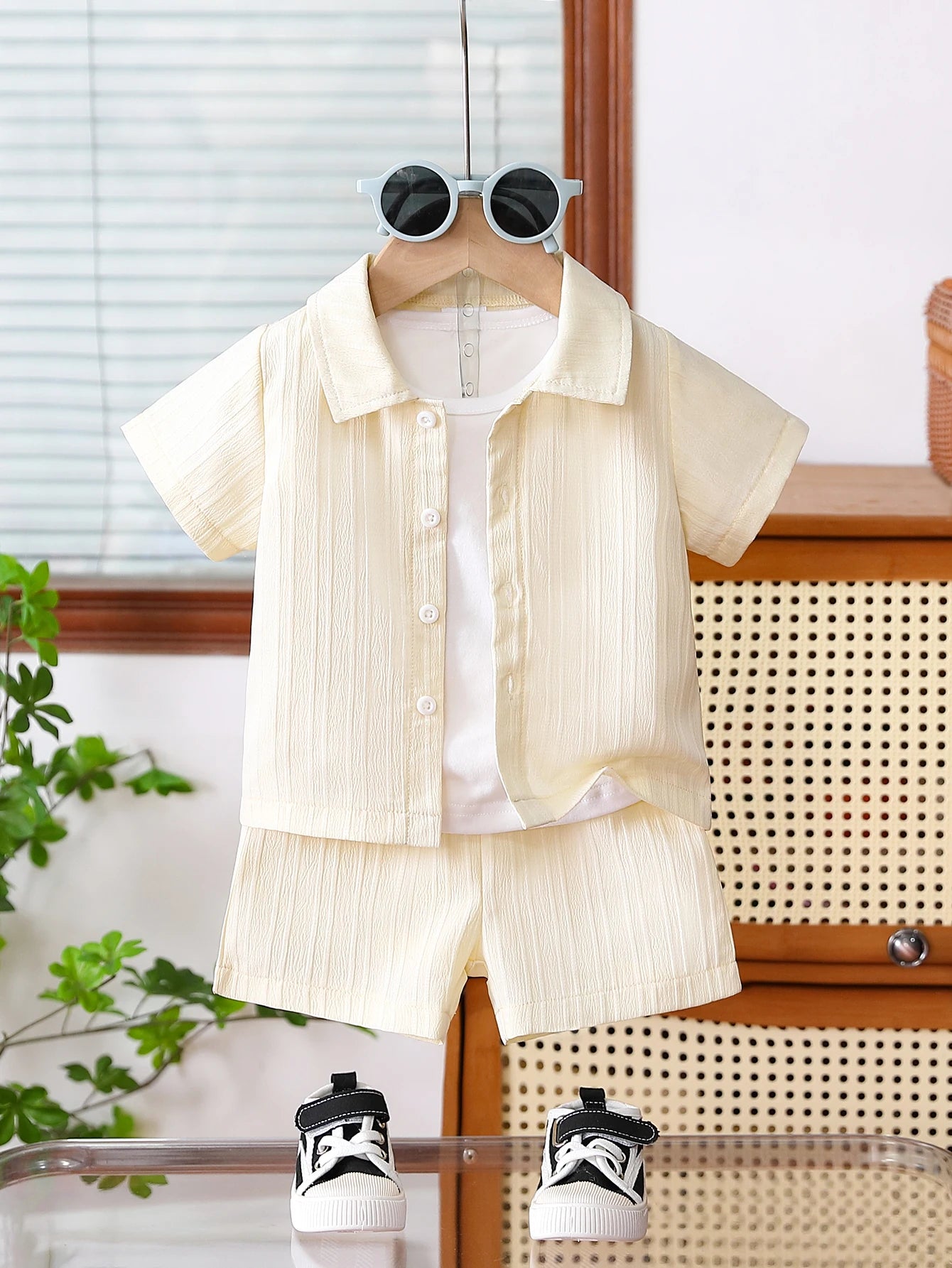 2026 Spring Summer Baby Boy Textured&Ribbed Short Sleeve Shirt & Shorts2-Piece Sets2-6Years: Soft Fabric Easy Wear Home Outdoor