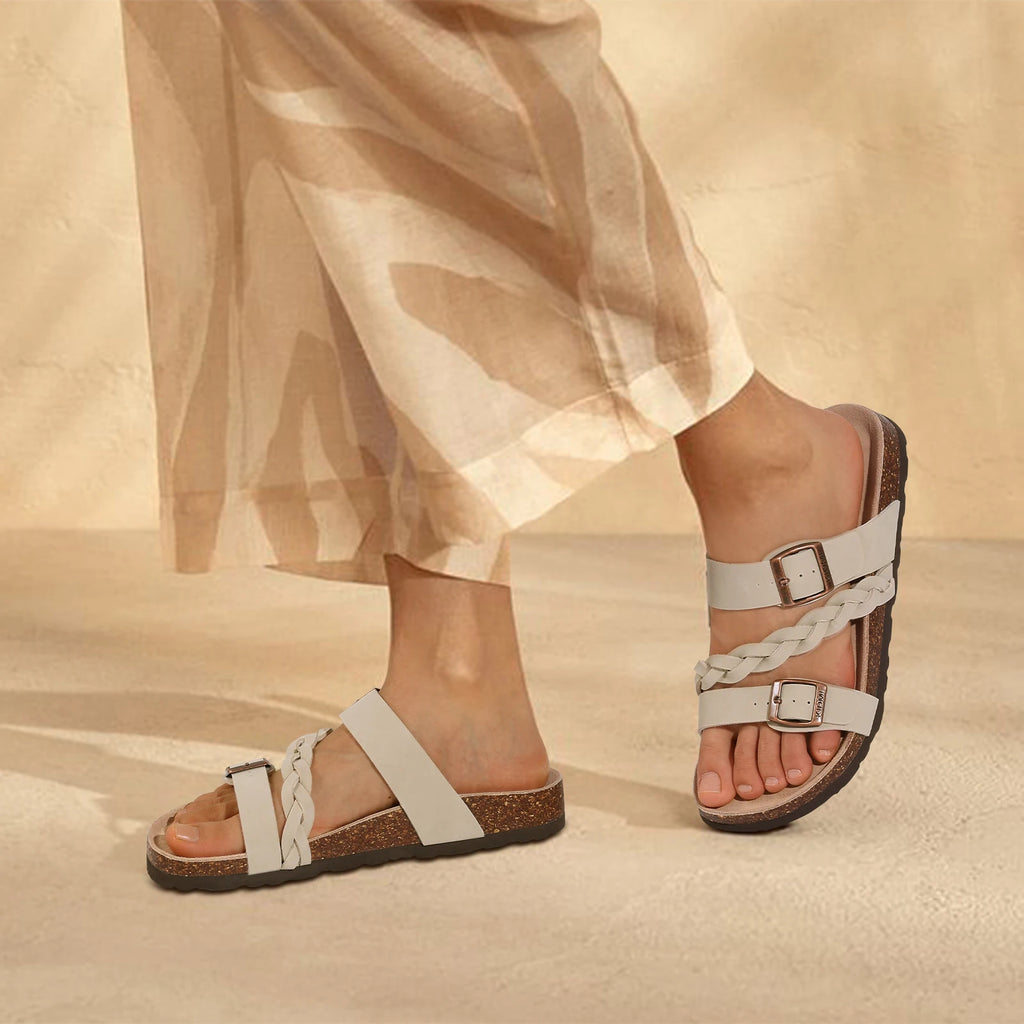 Shevalues Leisure Women's Cork Footbed Sandals With Arch Support Slip-On Brand Lady Sandals With Double Buckle Summer New Sandal