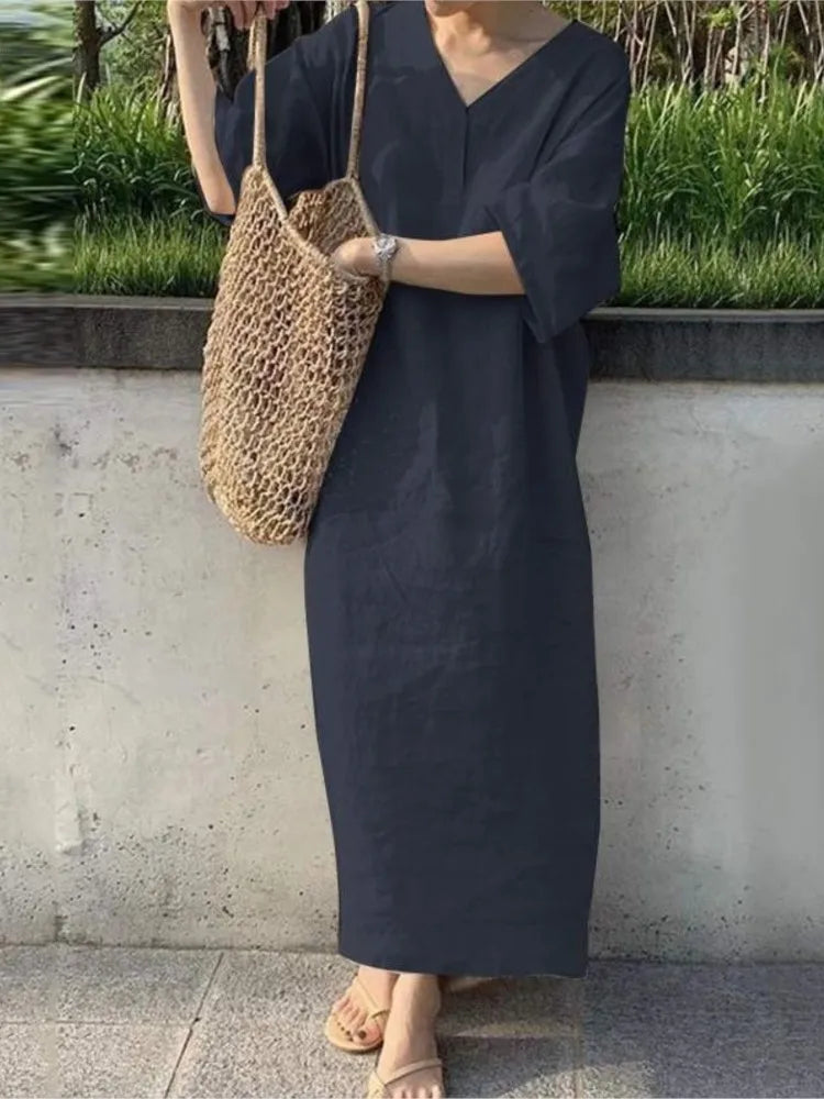 Casual Solid Color Cotton Linen Long Dresses Women Loose Short Sleeves V-neck Vintage Simple Style Lady Maxi Dress Summer New