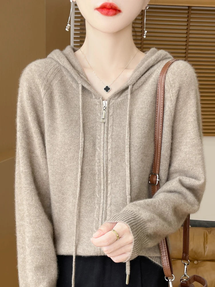 Autumn Winter 100% Merino Wool Sweater Cardigan Women's Hooded Zippers Raglan Sleeve Cashmere Knitwear Casual Chic Clothing Tops