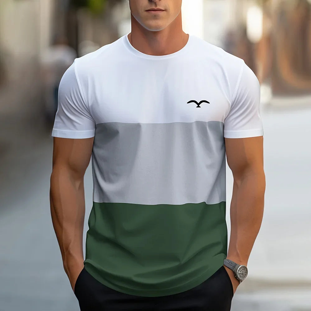Fashion Splicing Stripes Print T Shirt For Men Casual O-neck Short Sleeve Pullover Summer Breathable Loose Tops Street Trend Tee