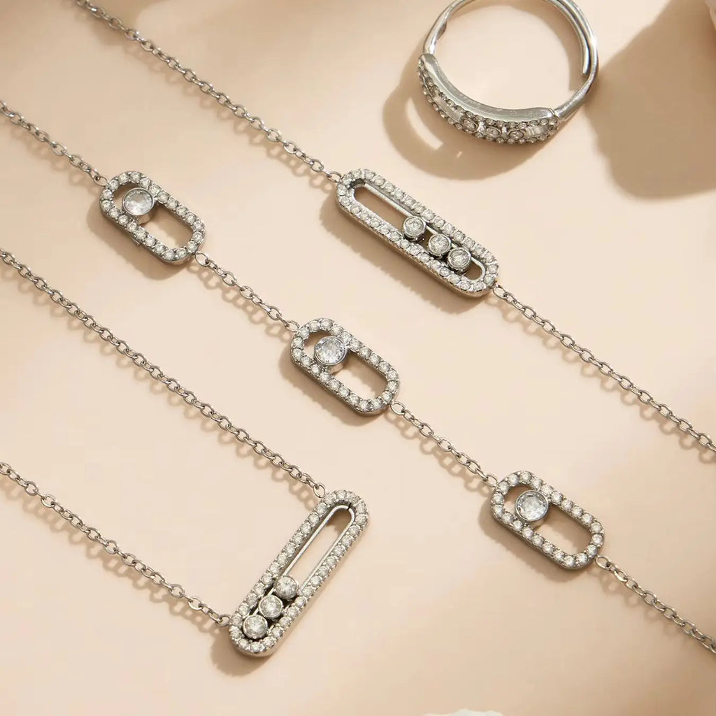 Shiny Zircon Pendant Necklaces Bracelets Rings 18k Gold Plated Stainless Stee Chain Necklace Bracelet Ring Jewelry Set for Women
