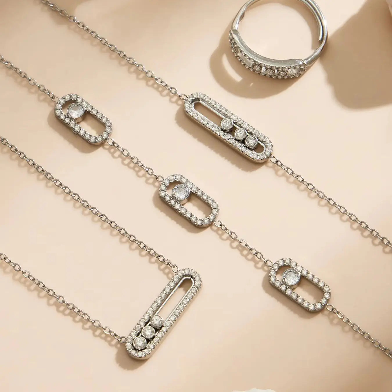 Shiny Zircon Pendant Necklaces Bracelets Rings 18k Gold Plated Stainless Stee Chain Necklace Bracelet Ring Jewelry Set for Women