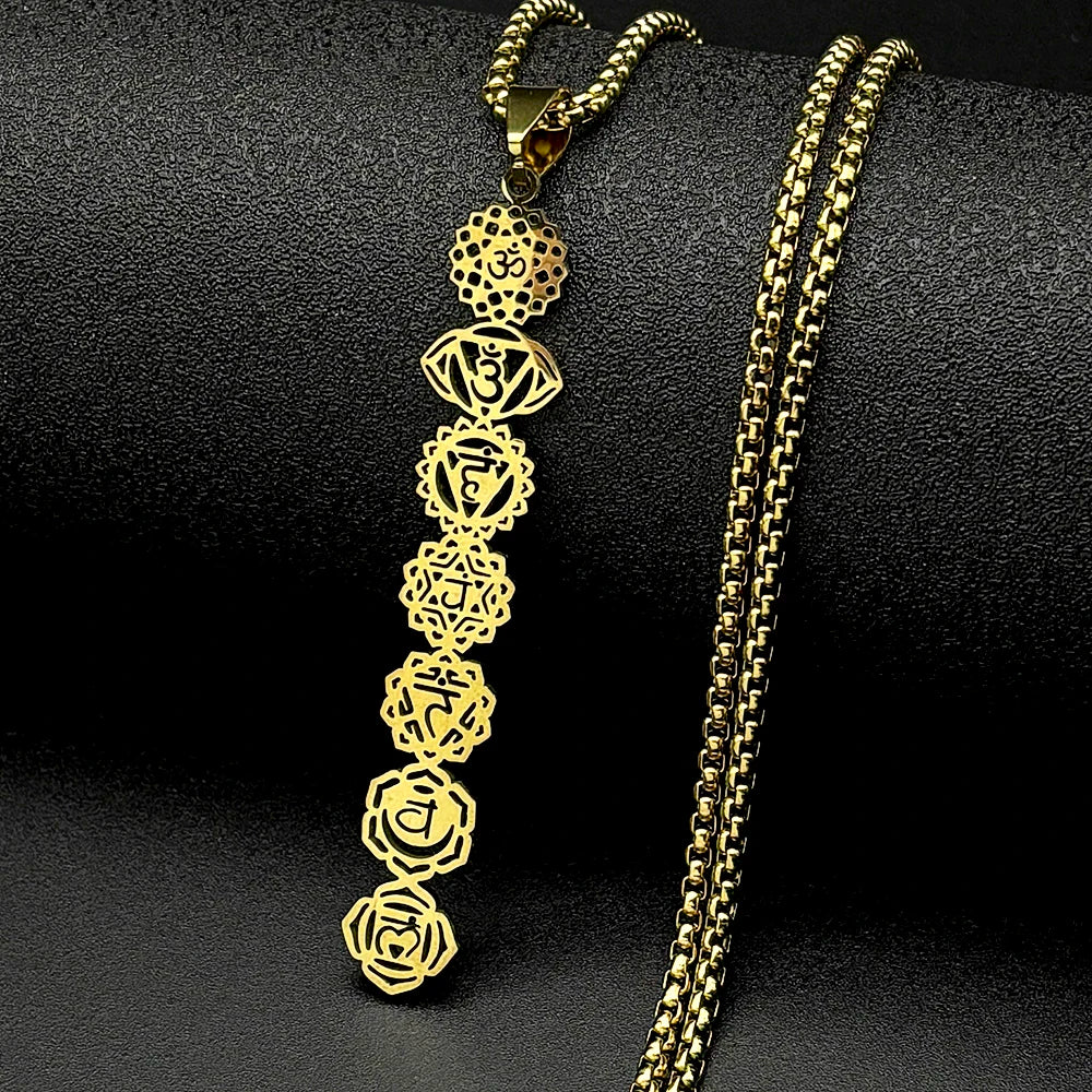 Yoga 7 Chakra Flower Om Symbol Sanskrit Pendant Necklace for Women Stainless Steel Gold Color Reiki Healing Amulet Jewelry Gift
