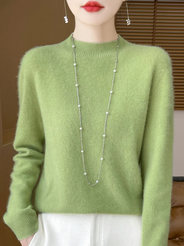 Women's Elegant Basic Style Pullover 100% Merino Wool Knitwear Autumn Winter Warm Solid Casual Loose Exquisite Clothing Tops