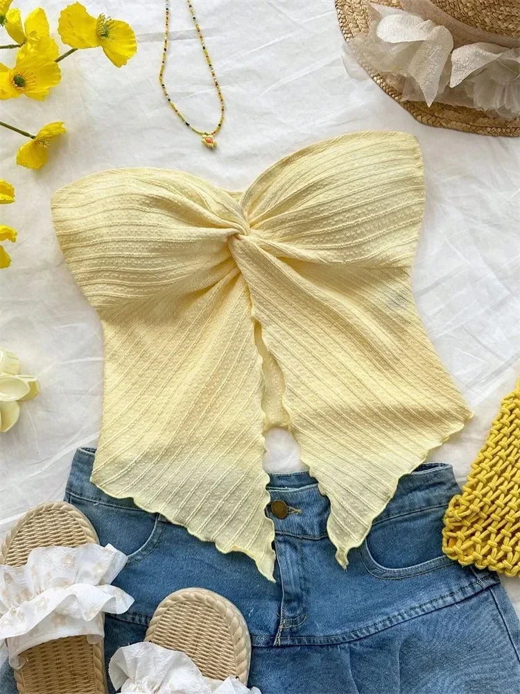 Twist Knot Cropped Tube Top for Women Summer Y2K Clothes Sexy Off the Shoulder Slit Crop Top