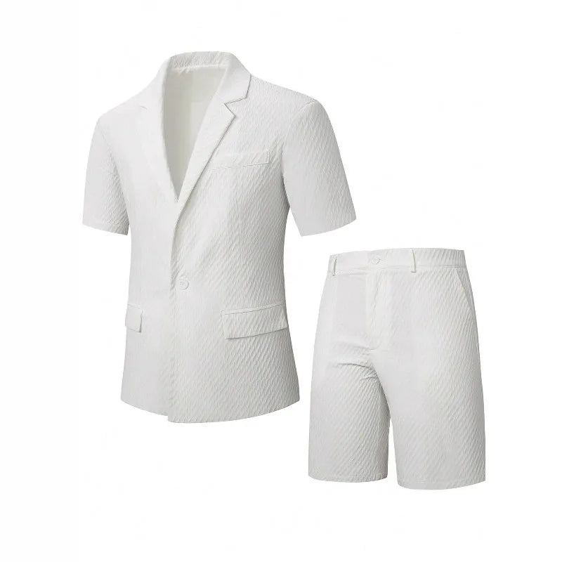 KIDWHXR Men Suit Set Summer British Style Solid Color Short Sleeve Male Outfit Slim Breathable Business Wedding Man 2-piece Suit