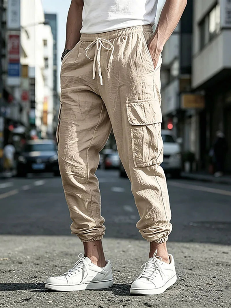 Men's Cotton Linen Cargo Jogger Pants Elastic Waist Drawstring Multi Pockets Casual Breathable Streetwear Trousers for Men