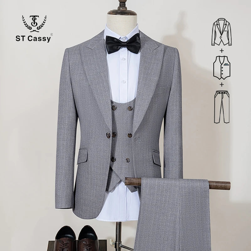 ST Cassy High Quality Men's Suit brown 3 pcs set Slim Fit Male Groom Wedding Blazers Party Dress  Suit Business Office