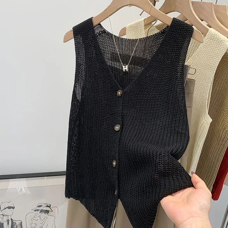 Summer Korean Cotton And Linen Fashion Casual Solid Color Loose V-Neck Vest For Women