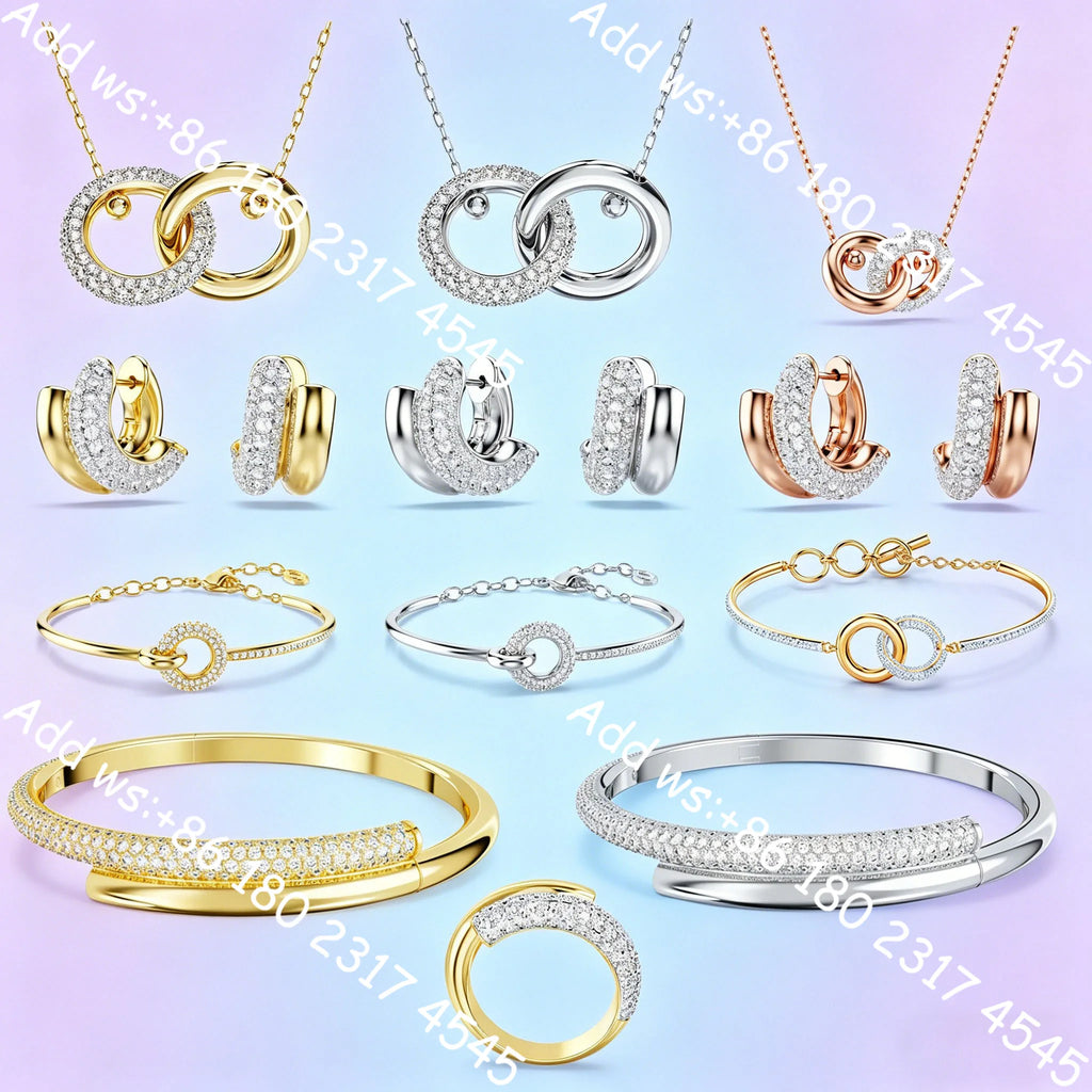 Light luxury Double Circle Zircon Jewelry Set, Necklace Earrings Bracelet Ring Set,Elegant Minimalist