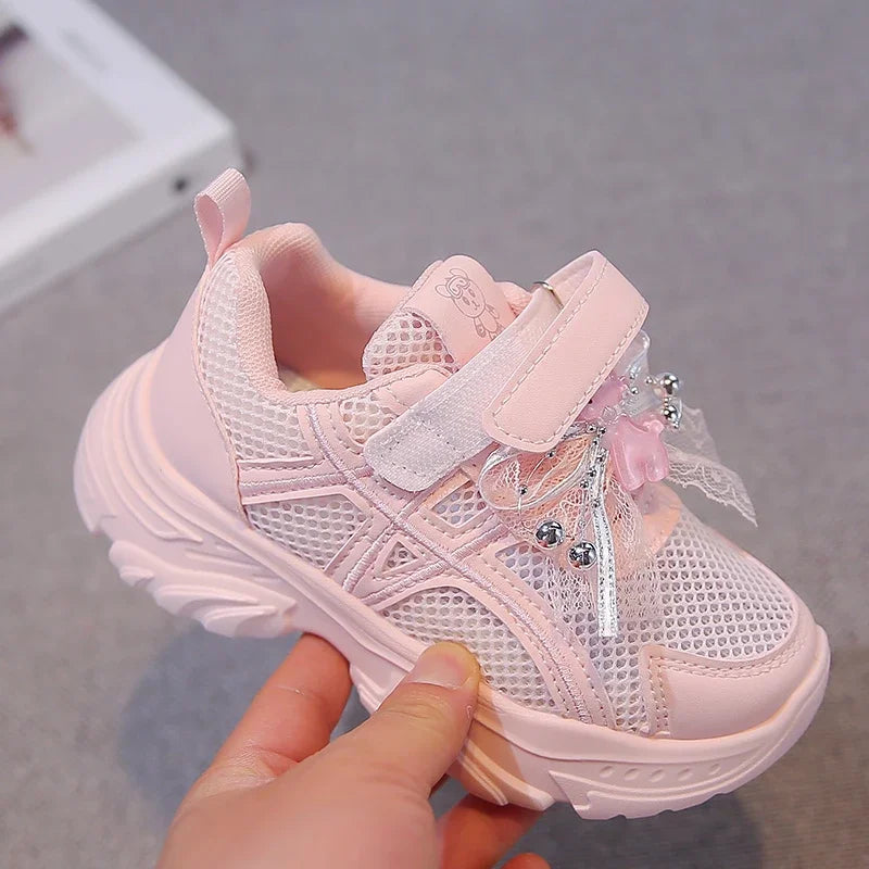 Summer Toddler Girls Breathable Mesh Chunky Sneakers Rhinestone Non-Slip Soft Sole for Daily School Outdoor Running Play Wear
