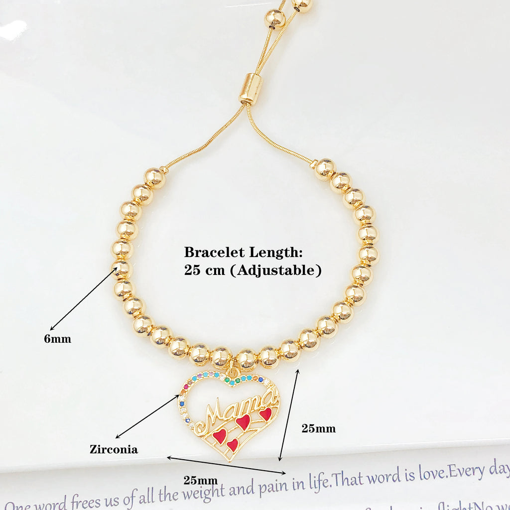 New Arrival Gold-Plated Heart-Shaped Zircon Mama Copper Bead Bracelet Classic for Women Holiday Party Jewelry Mother's Day Gift