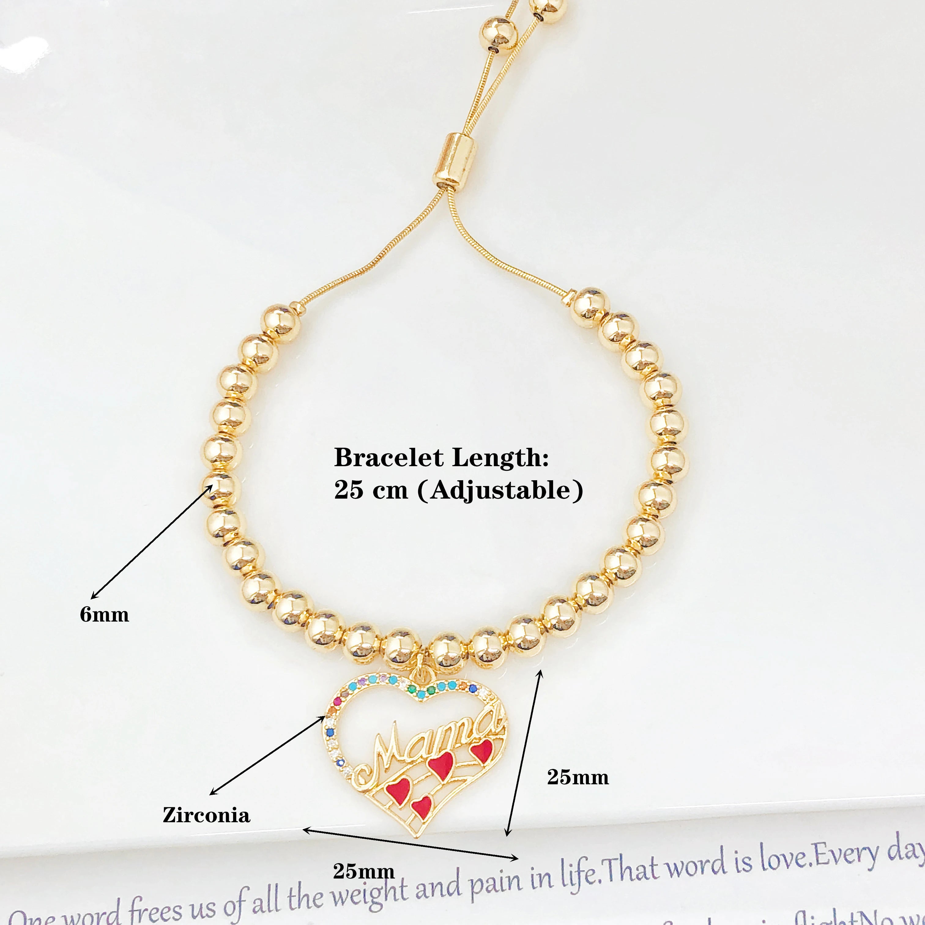 New Arrival Gold-Plated Heart-Shaped Zircon Mama Copper Bead Bracelet Classic for Women Holiday Party Jewelry Mother's Day Gift
