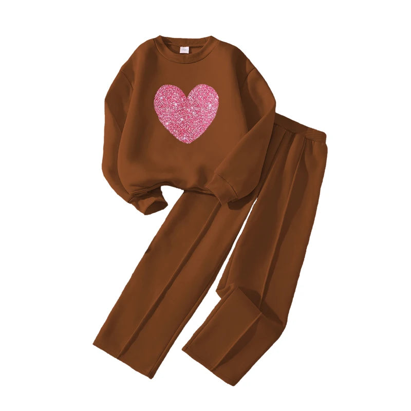 Children‘s Autumn Winter Warm Clothes Sets For Girls Solid Color Heart Print Top And Pants Daily Causal Sports Loose Lounge Wear