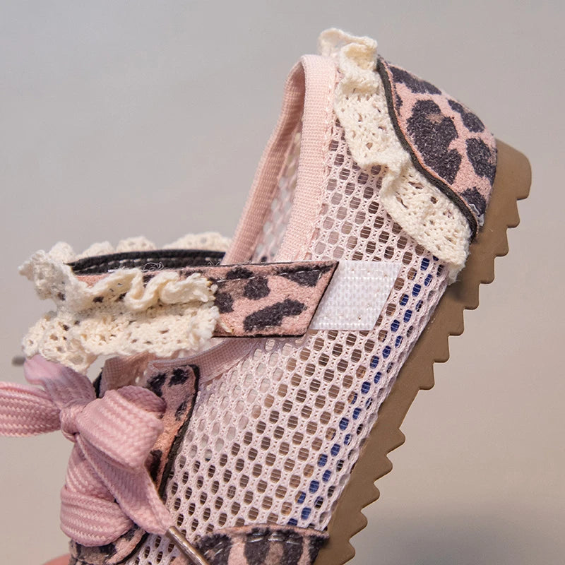 Girls Leopard Print Mesh Shoes Fashion Casual Sneakers Sweet Lace Trim Mesh Sneakers Adjustable Strap Summer Breathable Footwear