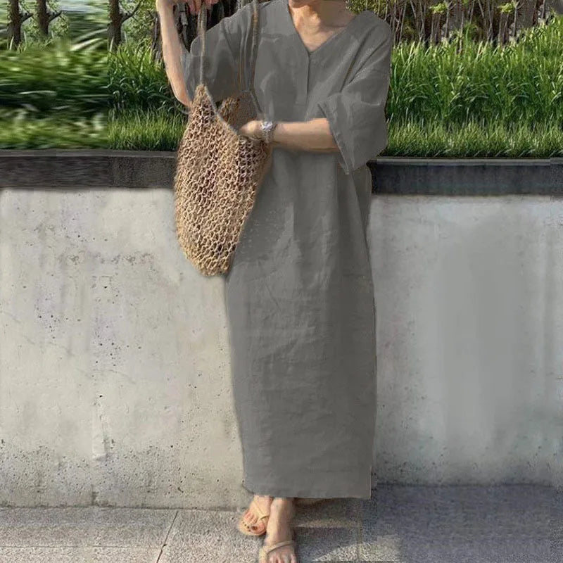 Casual Solid Color Cotton Linen Long Dresses Women Loose Short Sleeves V-neck Vintage Simple Style Lady Maxi Dress Summer New