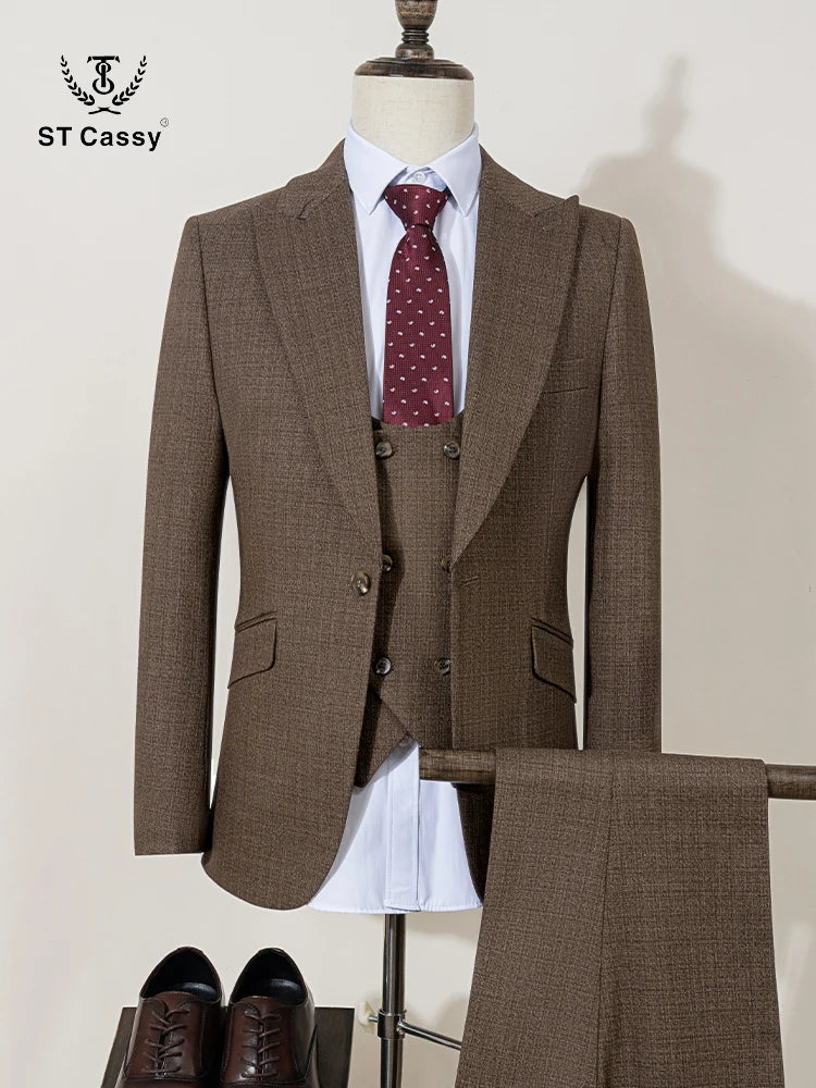 ST Cassy High Quality Men's Suit brown 3 pcs set Slim Fit Male Groom Wedding Blazers Party Dress  Suit Business Office