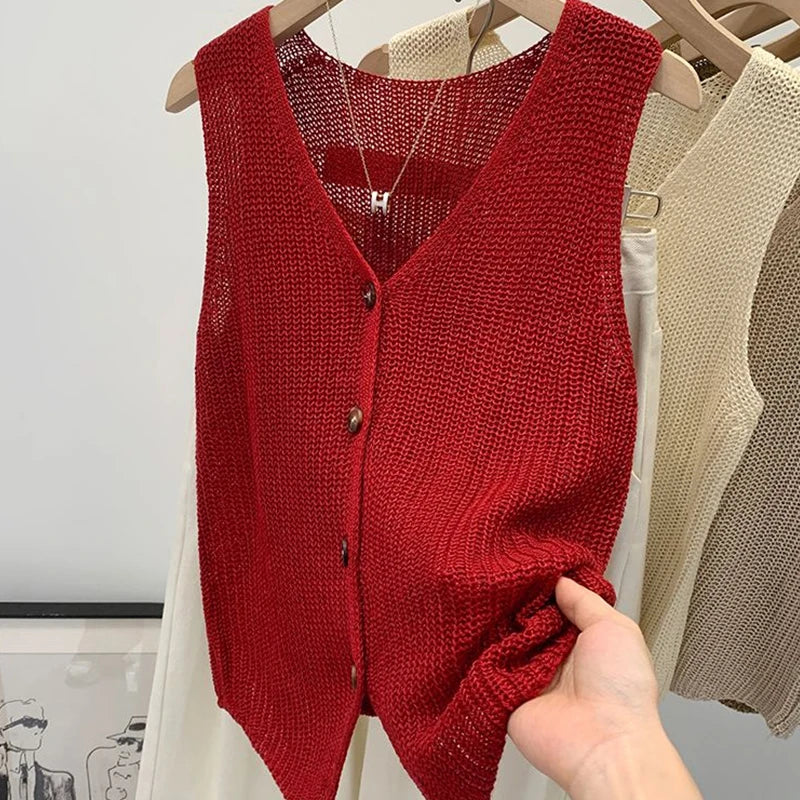 Summer Korean Cotton And Linen Fashion Casual Solid Color Loose V-Neck Vest For Women