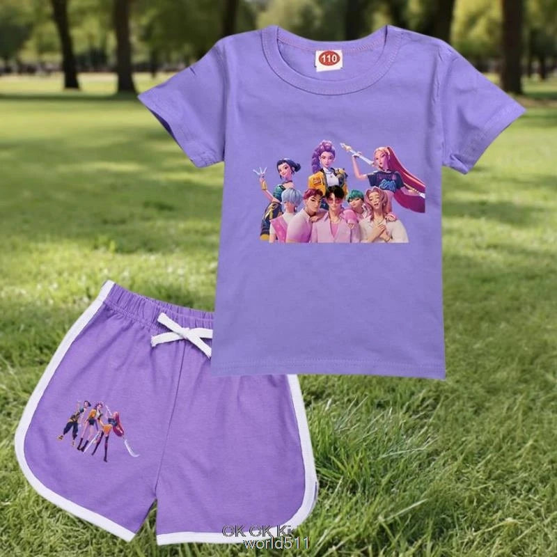 2 Pcs Suit KPop Demon Hunters Rumi Kids Teens Girls T Shirt Shorts 2pcs Sets Toddler Boys Summer Sportsuits Girl's Nightwear Set
