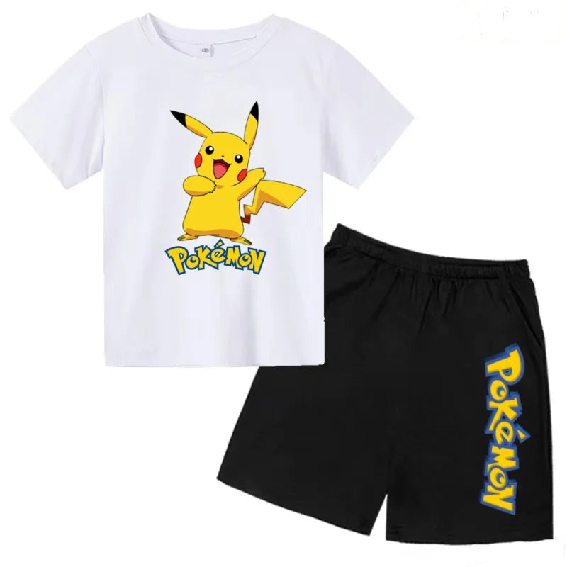 Children's T-shirt Cool Summer Anime Pikachu Print Boys Girls 3-12Years Pokemon Clothing Cartoon Short-sleeved+Shorts Casual Set