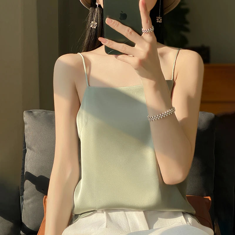 New Ice Silk Sexy Satin Strap Women's Spring/Summer Vest Solid Color Sleeveless Sexy Comfortable Silk Underwear Vest RW-D19