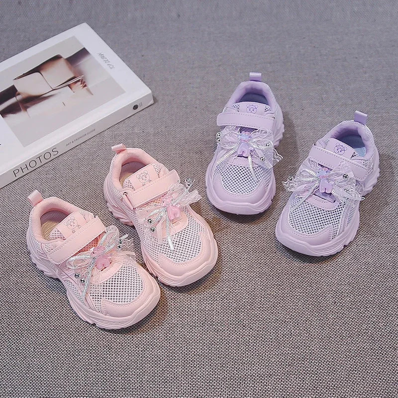 Summer Toddler Girls Breathable Mesh Chunky Sneakers Rhinestone Non-Slip Soft Sole for Daily School Outdoor Running Play Wear