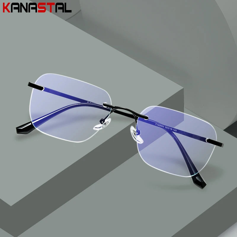 Men Pure Titanium Rimless Eyeglasses Frame Women Blue Light Blocking Lens Frameless Glasses Prescription Myopia Reading Eyewear