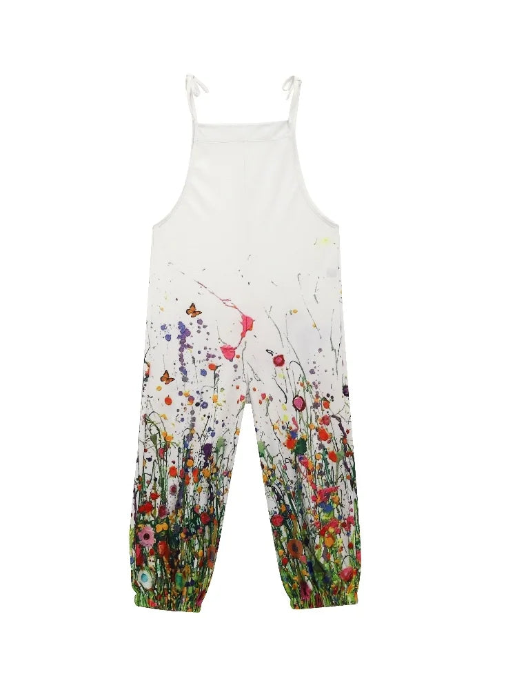 New Women's Sling Bodysuit Pants Sleeveless Floral Printed Wide Leg Pants Casual Outdoor Loose Backless Comfortable Breathable